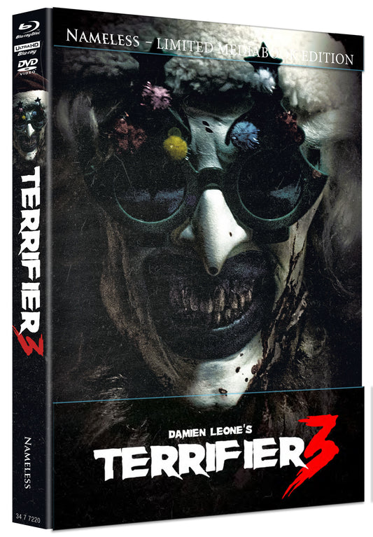 TERRIFIER 3 - MEDIABOOK - COVER H - BRILLE  - 3 DISC EDITION UHD/BD/DVD INKL. KOTZTÜTE & POSTER 1A